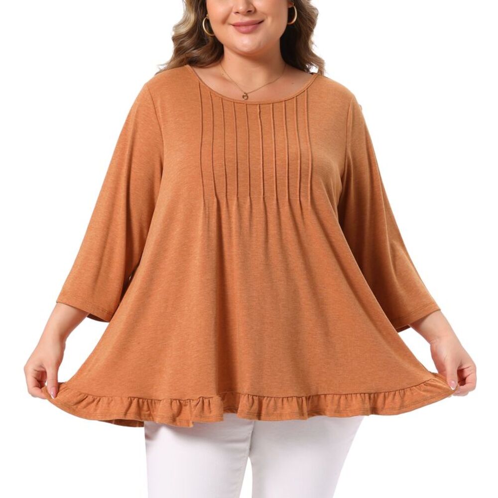 Women Plus Size Pleated Crew Neck 3/4 Sleeve Ruffled Hem Tops Caramel